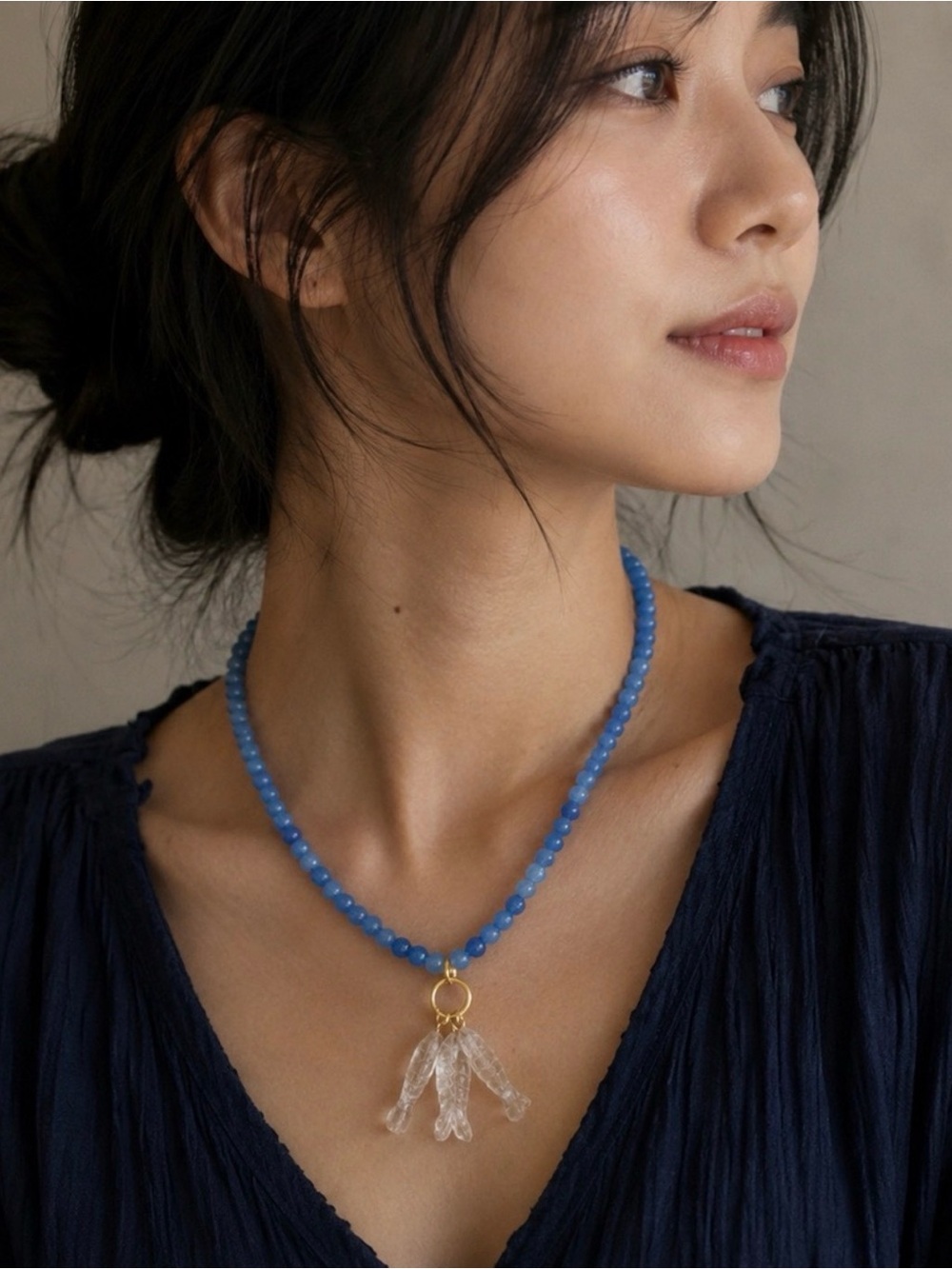 MAYAMAR  Blue Beaded Necklace with Clear Fish Charms NEW in Pouch